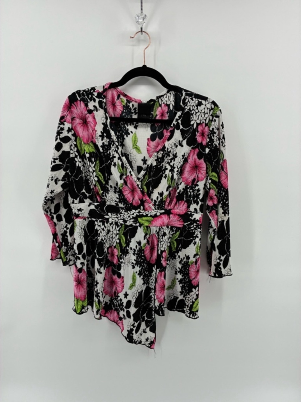 MASSIVE $10 SALE Floral Wrap-Style Women's Top in Pink and Black